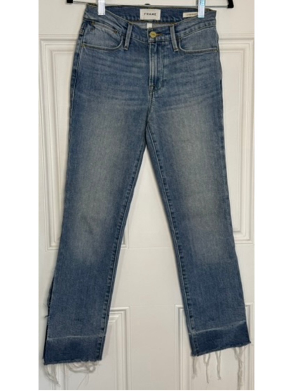 FRAME Le High Straight Raw Hem Jeans Light Blue Size 24 Custom Side Slits EUC